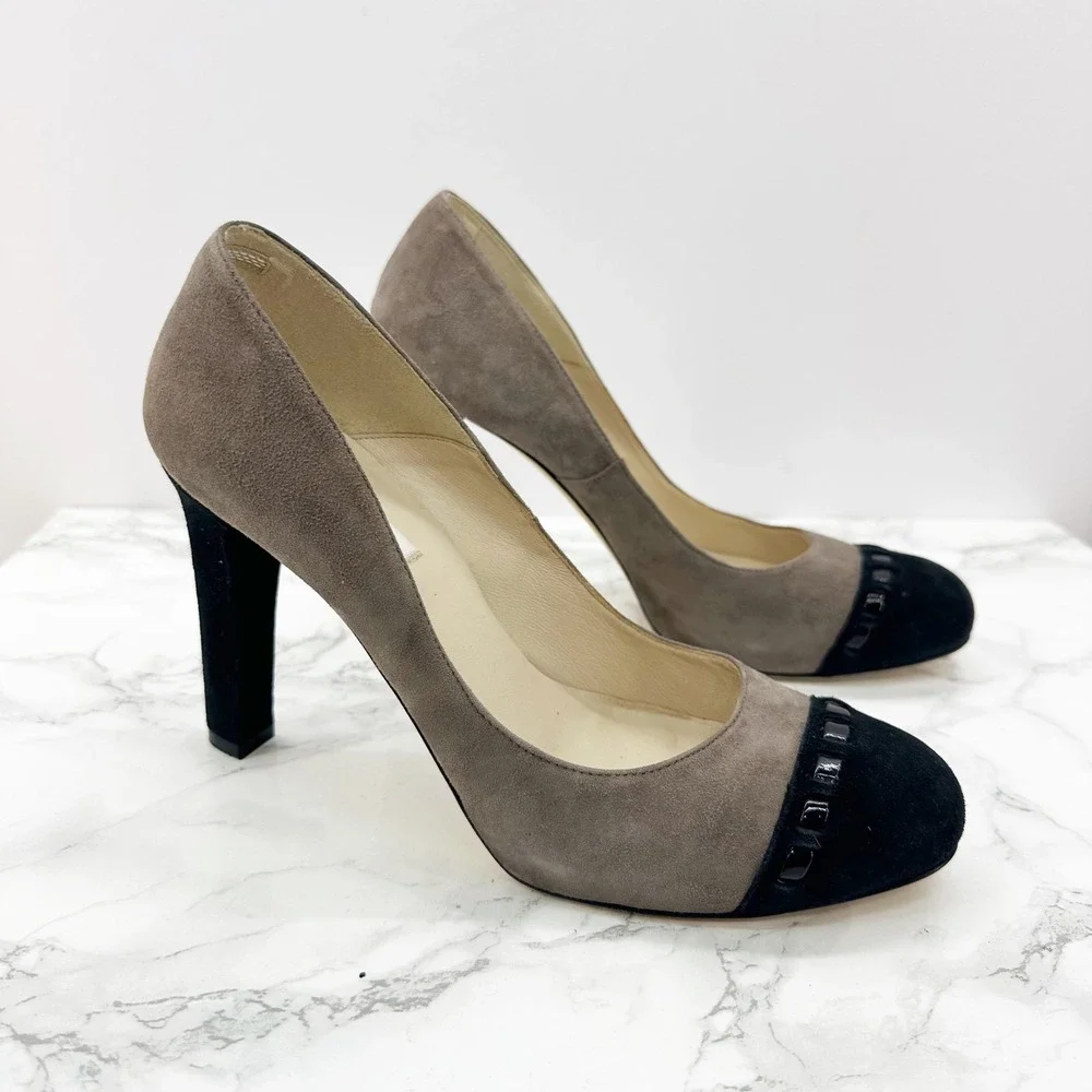 L.K. Bennett Suede Cap Toe Pumps Women EU 39/US 9 Taupe‎ Black Heels Spain